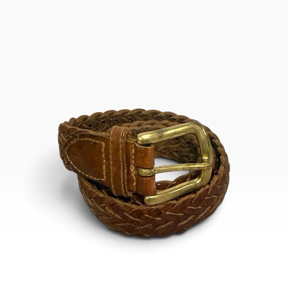 VTG Women’s Leather Belt Braided Brown Woven Congnac Brass Buckle Size 30